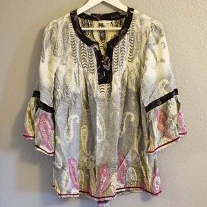 EUC John Mark Boho Style Bell Sleeves Top Sz L